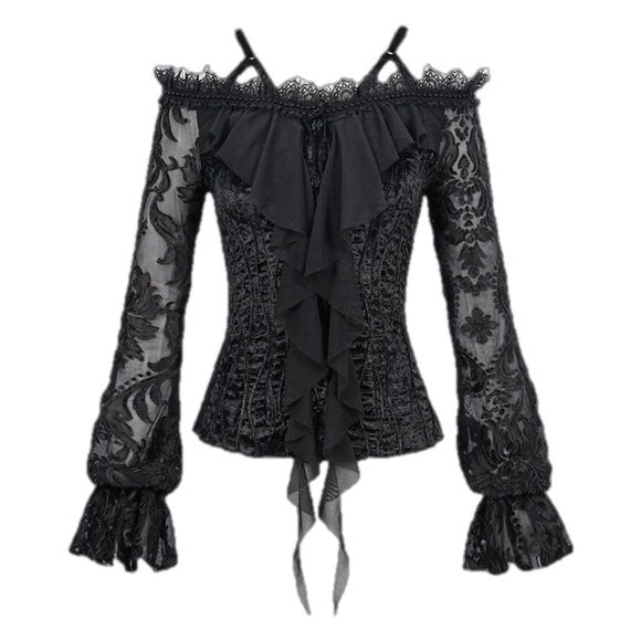 DEVIL FASHION Gothic Vampire Velvet Lace Long Sleeves Button Up Blouse - Picture 2 of 8